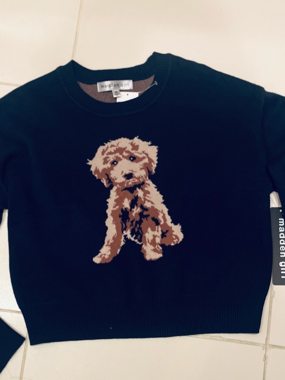 Madden Girl Navy Sweater with Brown Puppy Intarsia